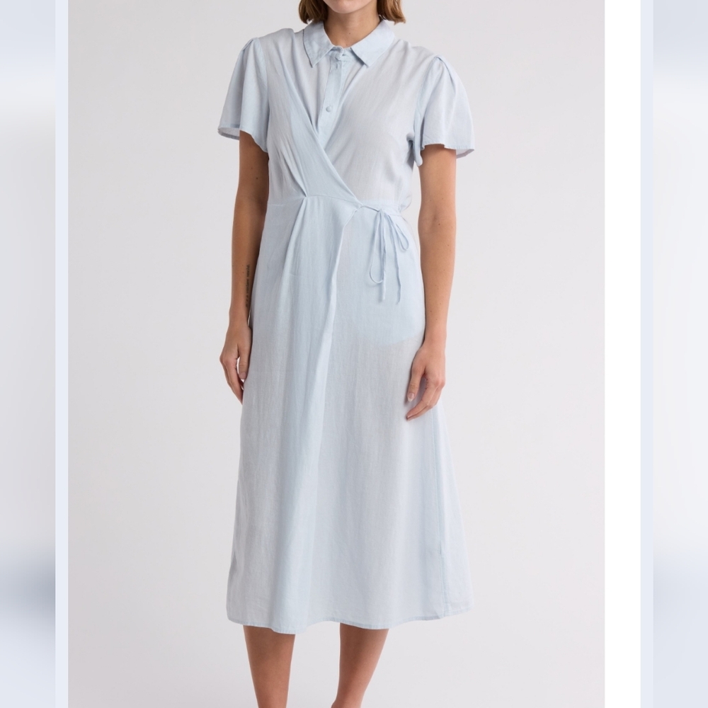 NORDSTROM Linen Blend Faux Wrap Shirtdress LIGHT BLUE, Size Small
